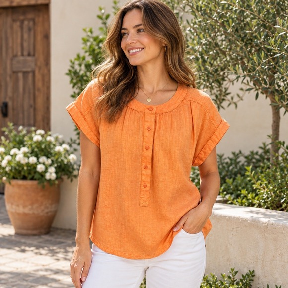 Westbound Tops - Westbound Orange Linen Cotton Blend Short Sleeve Henley Top Small NWT